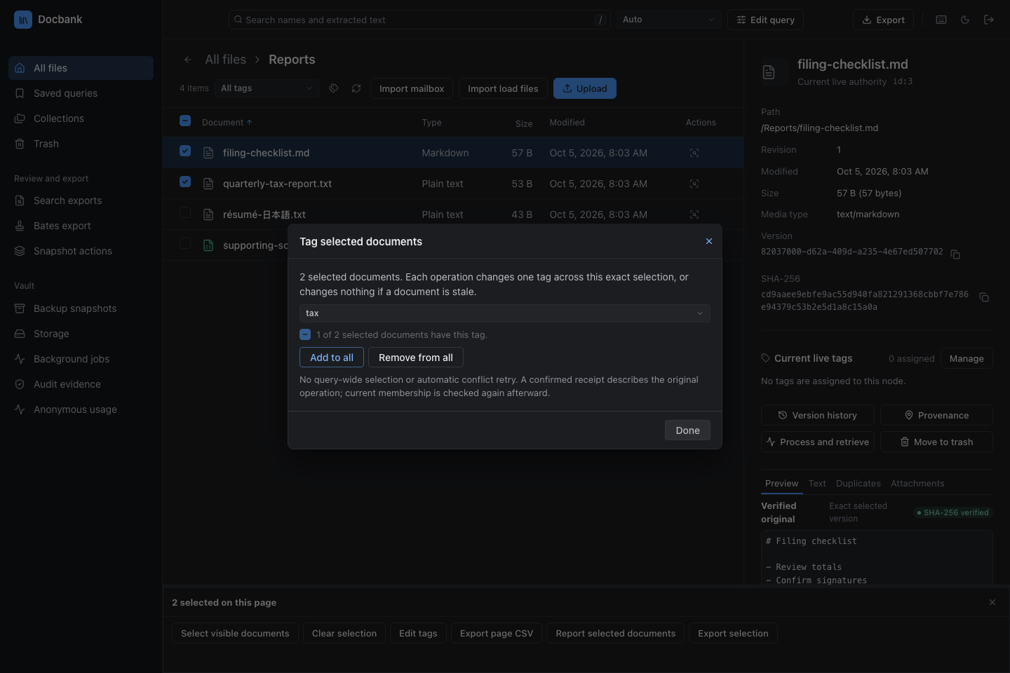 The tag dialog shows how many selected documents already have the chosen tag