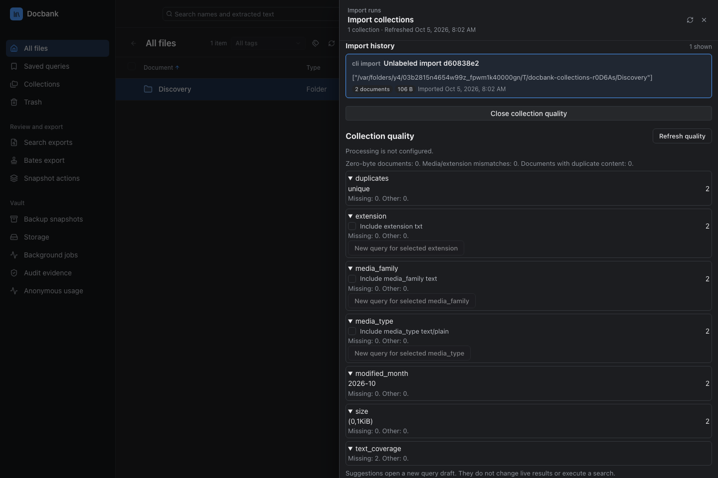 An import collection showing file types and processing coverage
