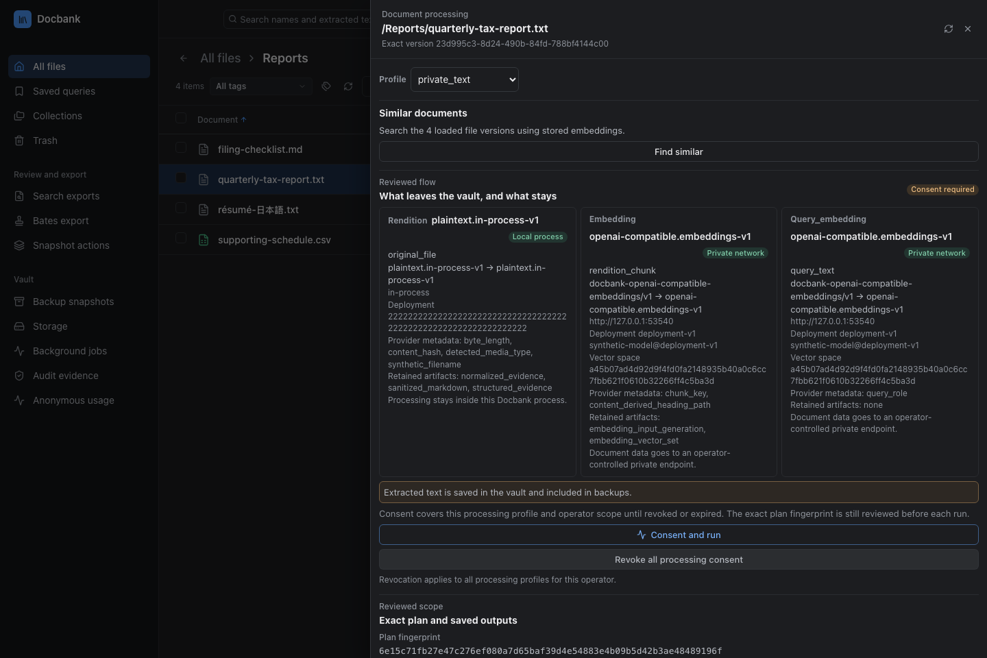 The processing plan discloses local extraction and a configured network embedding service