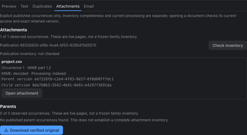 Exact attachment documents linked to the selected email