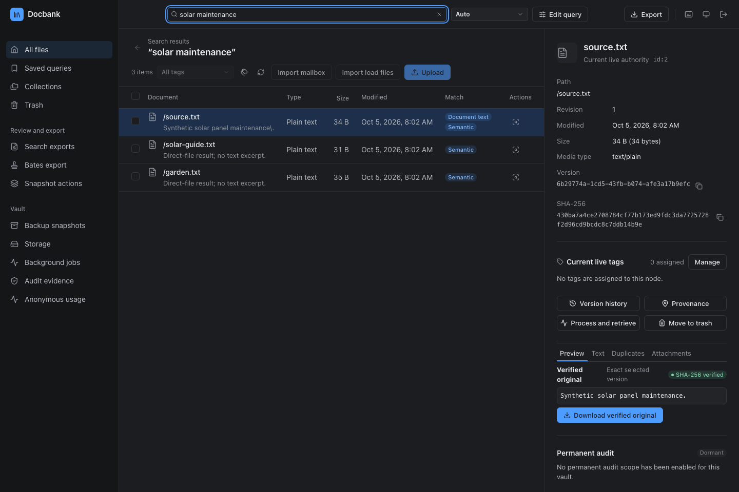 Search results with text excerpts and semantic matches
