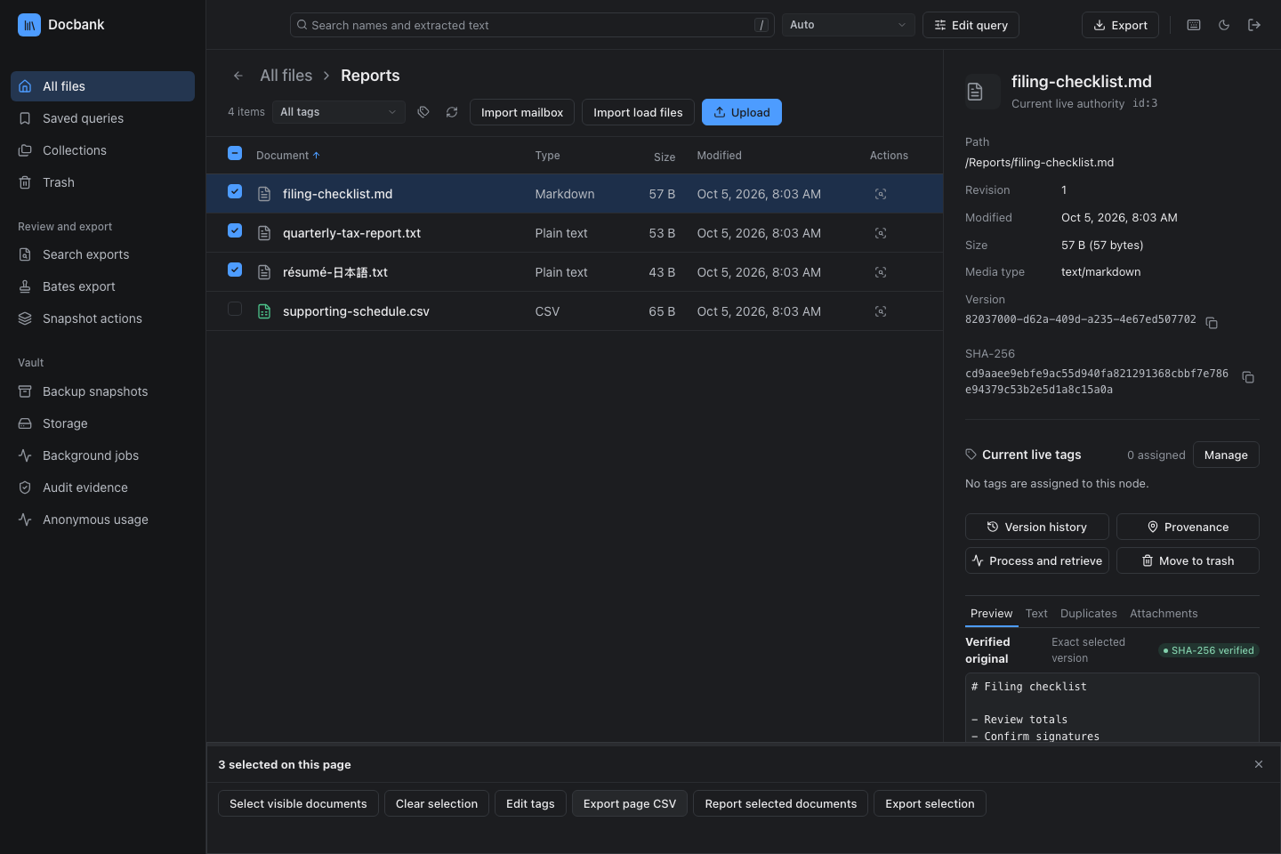 Checked documents and the page CSV export action